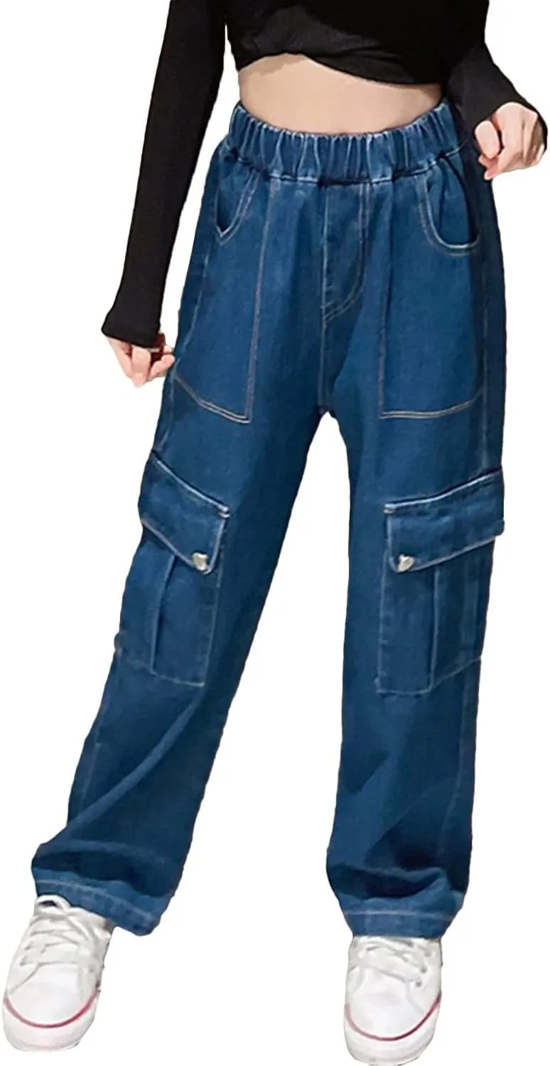 Rolanko Girls Jeans Denim Elastic Wasit Wide Leg Baggy Pants Kids Clothes 4-14 Years