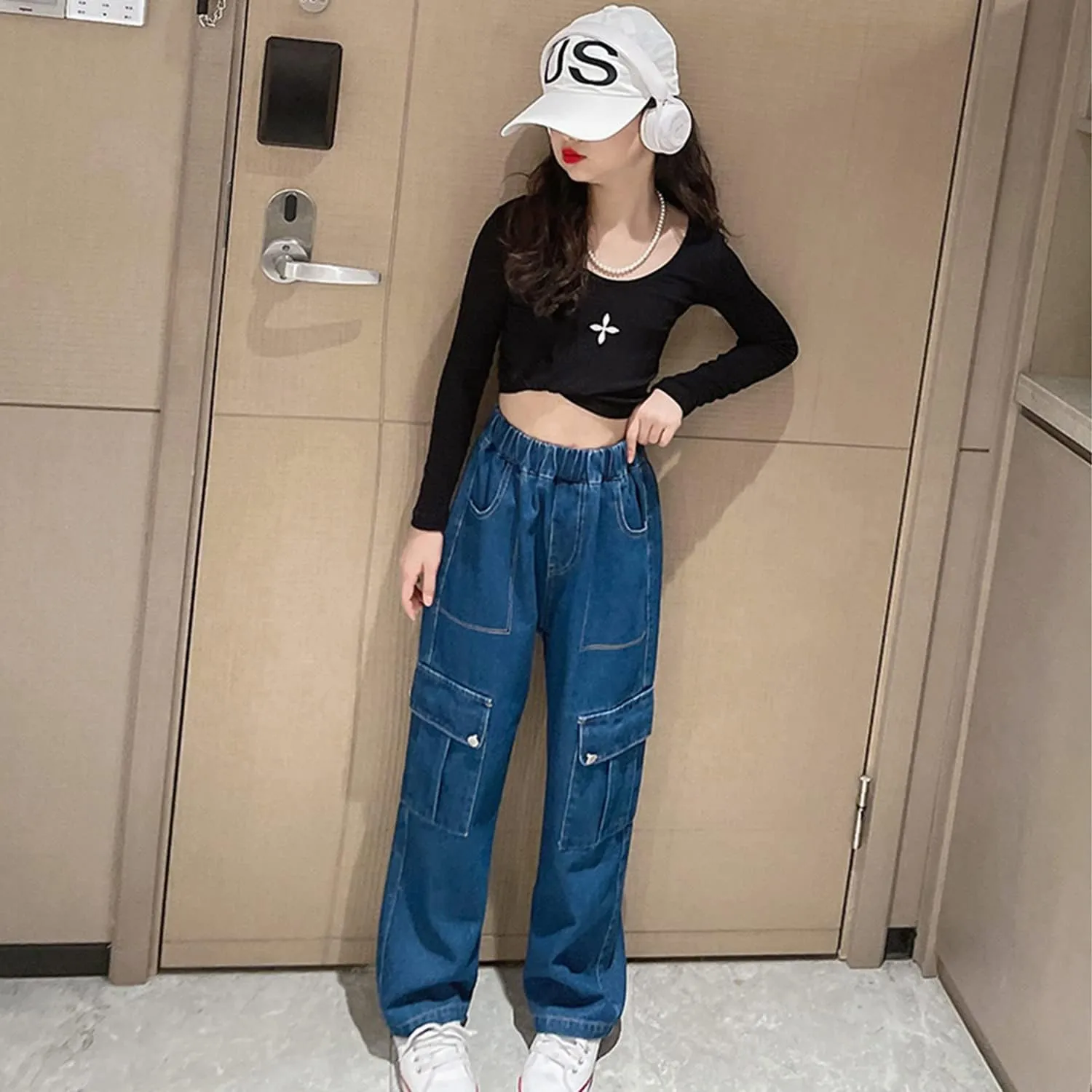 Rolanko Girls Jeans Denim Elastic Wasit Wide Leg Baggy Pants Kids Clothes 4-14 Years