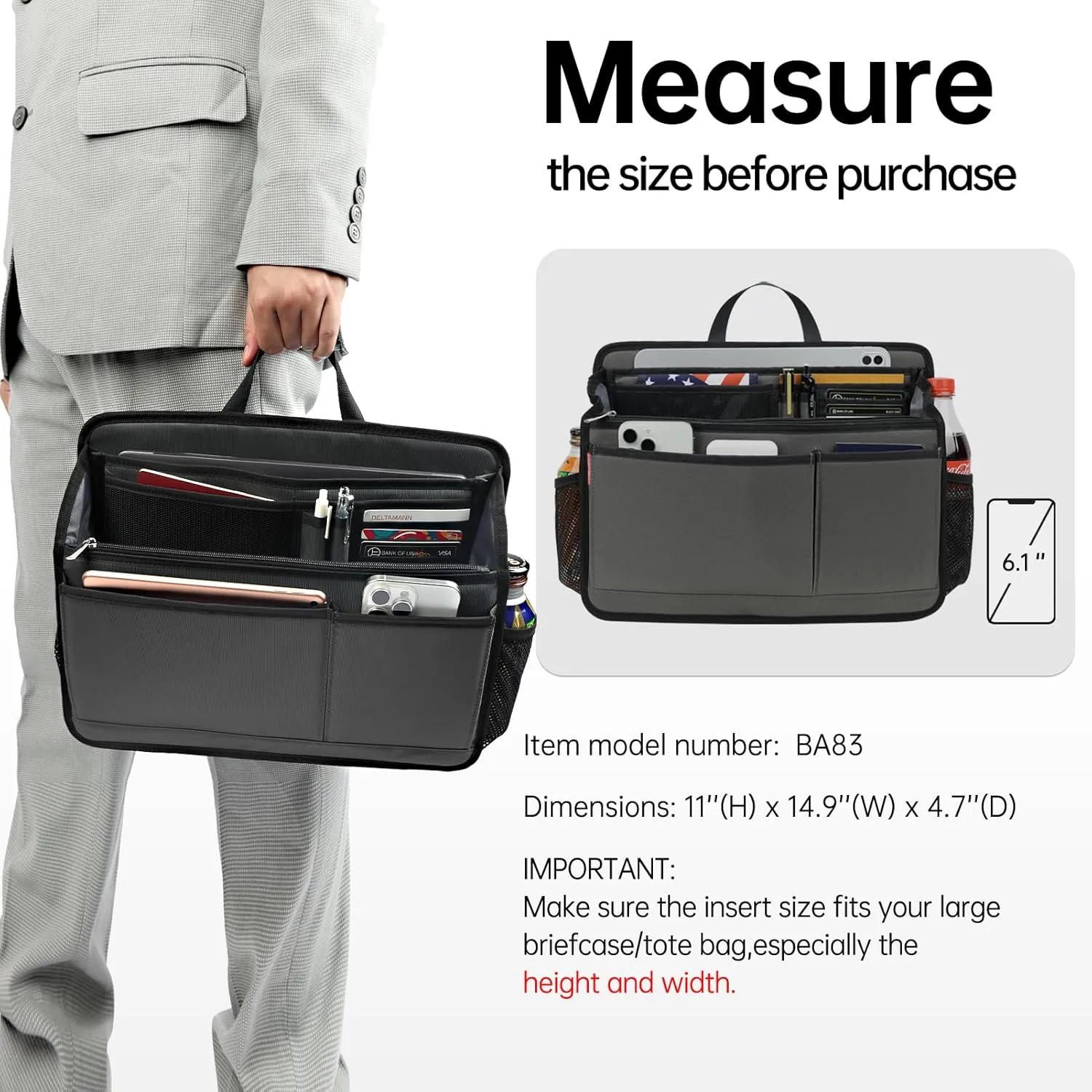 Rugged Organizer Insert for Briefcase Tote Shoulder Messenger Bag - 20 Pockets,Durable Padded Nylon,Handle(Large,Blue)
