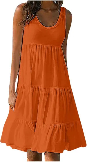 Ruziyoog Summer Casual Dresses for Women Sleeveless Mini Sundress Loose Flowy Swing Tank Dress Tiered Beach Cover Ups