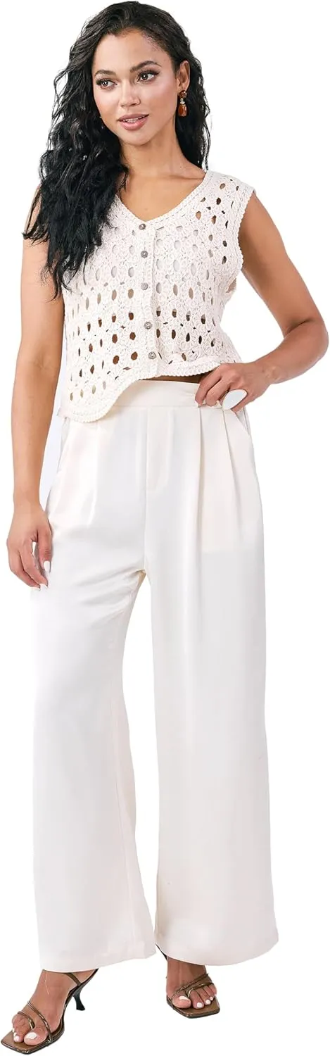 Satin Wide Leg Pants for Women, Casual Palazzo Pants for Women, High Waisted Adjustable Loose Trousers