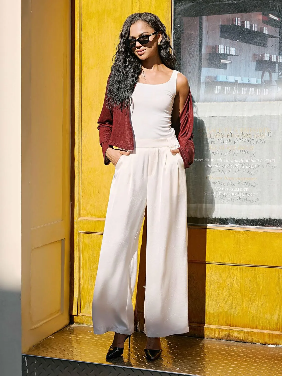 Satin Wide Leg Pants for Women, Casual Palazzo Pants for Women, High Waisted Adjustable Loose Trousers