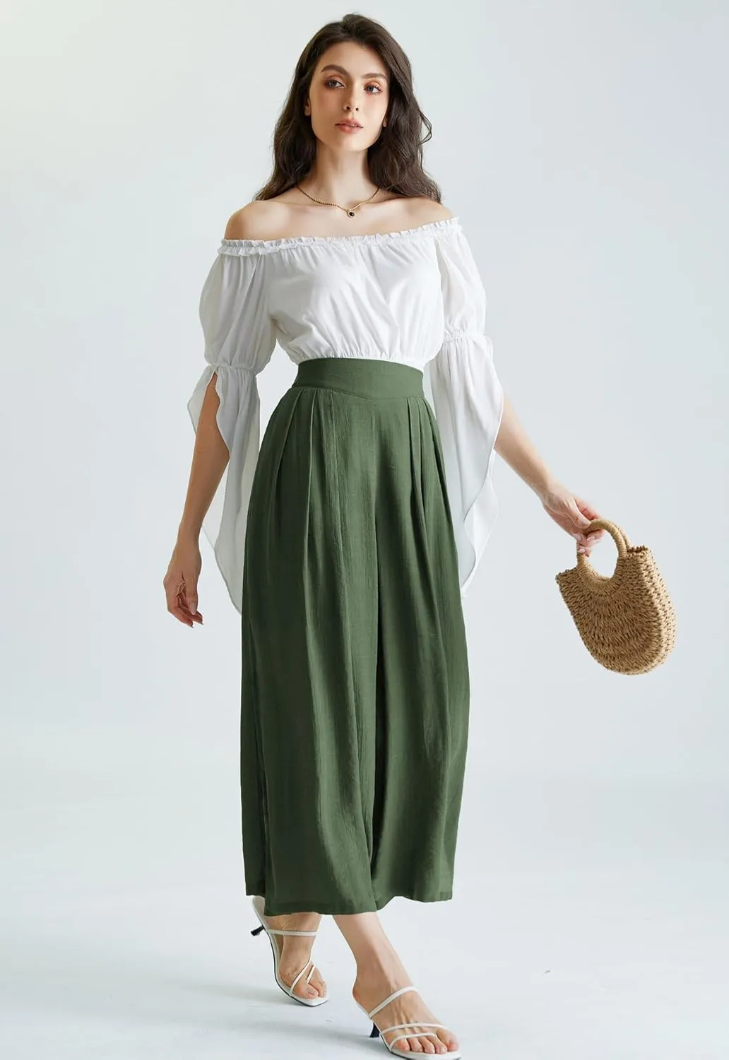 Scarlet Darkness Linen Palazzo Pants for Women High Waist Wide Leg Pants Boho Style with Pockets Casual Pants
