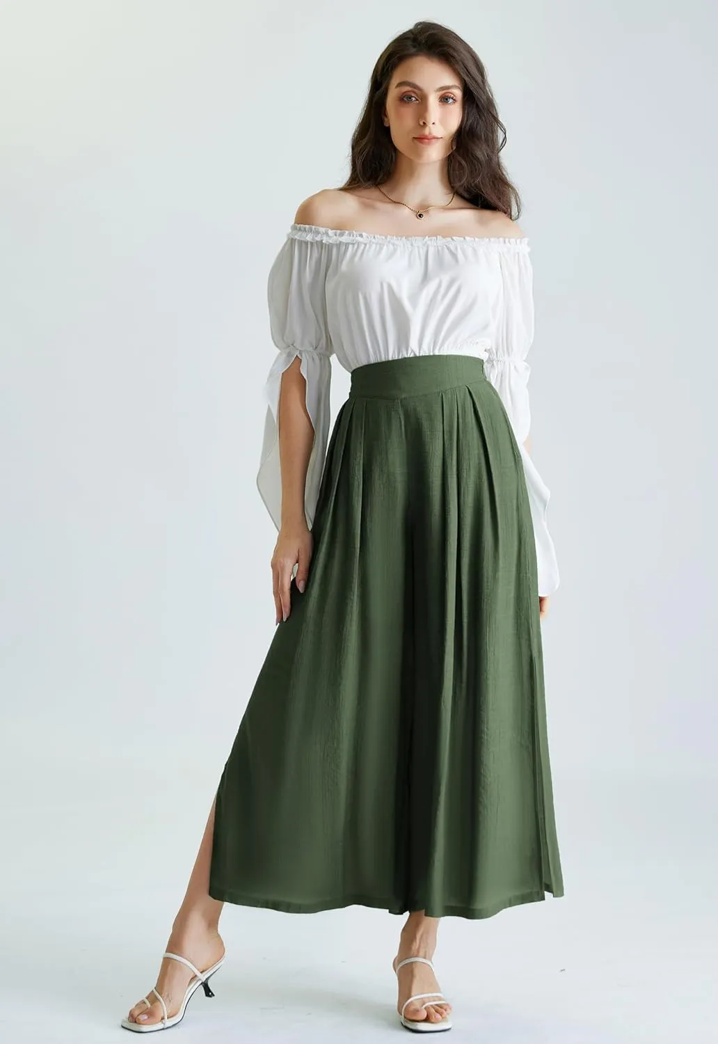 Scarlet Darkness Linen Palazzo Pants for Women High Waist Wide Leg Pants Boho Style with Pockets Casual Pants