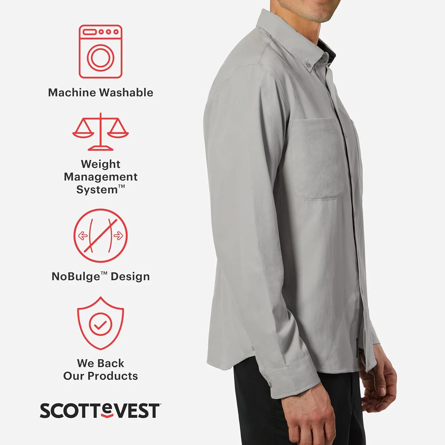 SCOTTeVEST Adventurer Long Sleeve Shirt for Men - 6 Hidden Pockets - Quick Dry Button Down for Travel & More