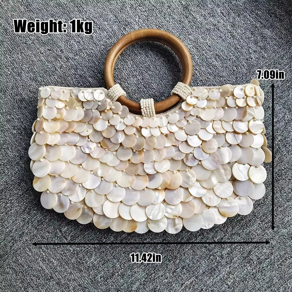 Shell Beaded Clutch Purse for Women Luxury Handmade Top Handle Bag Beach Evening Handbag for Summer Vacation