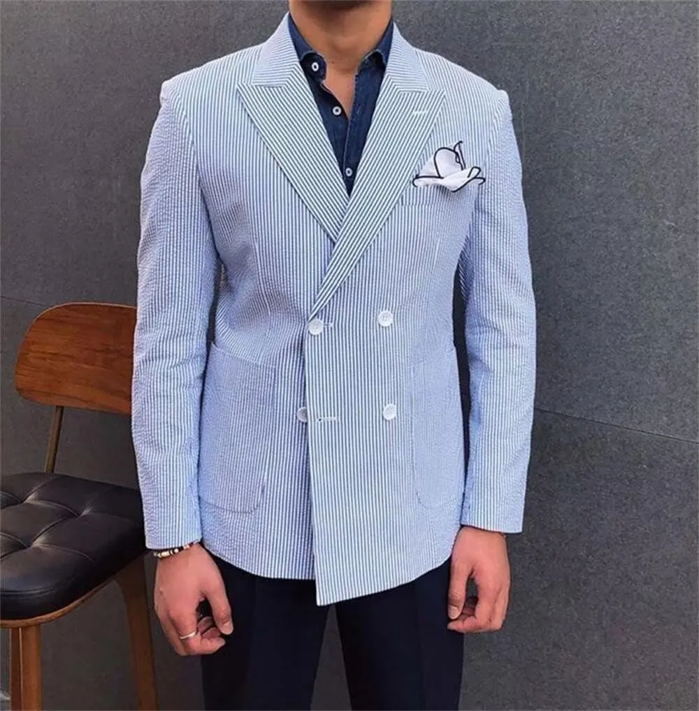 SHUZHXLZANGY Men Seersucker Sports Coat Leisure Summer Jacket Seersucker Blazer for Men Beach Wedding Blazer