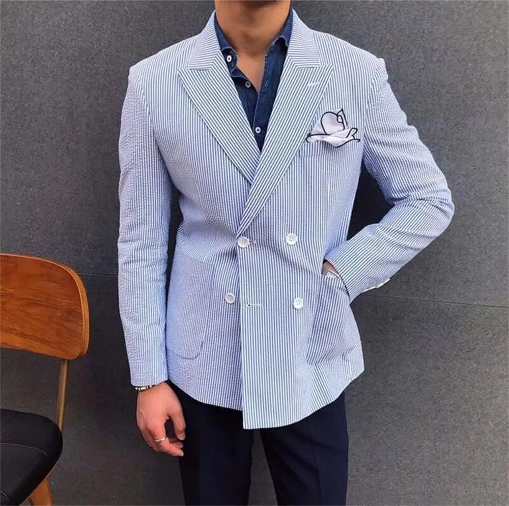 SHUZHXLZANGY Men Seersucker Sports Coat Leisure Summer Jacket Seersucker Blazer for Men Beach Wedding Blazer
