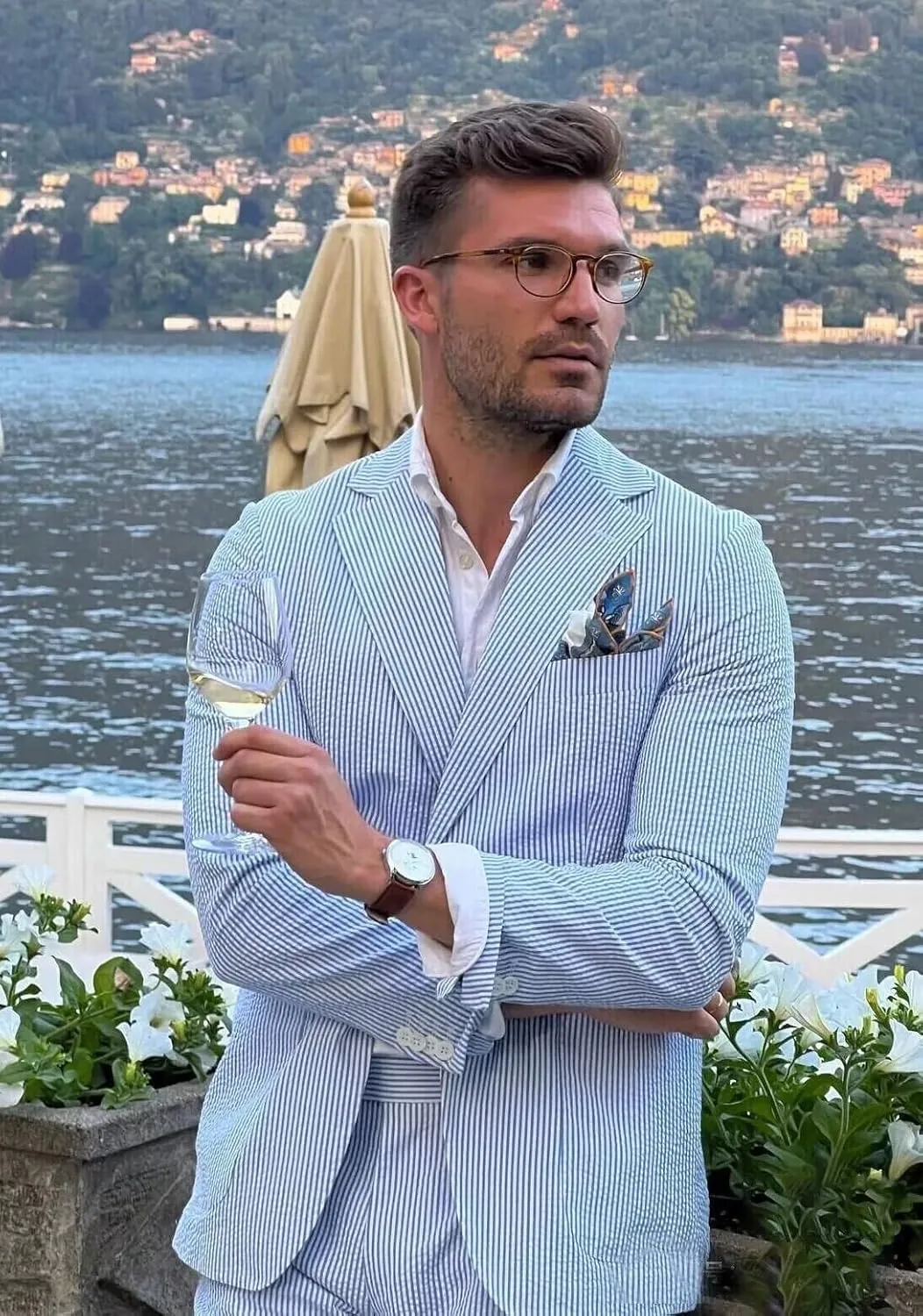 SHUZHXLZANGY Men Seersucker Sports Coat Leisure Summer Jacket Seersucker Blazer for Men Beach Wedding Blazer