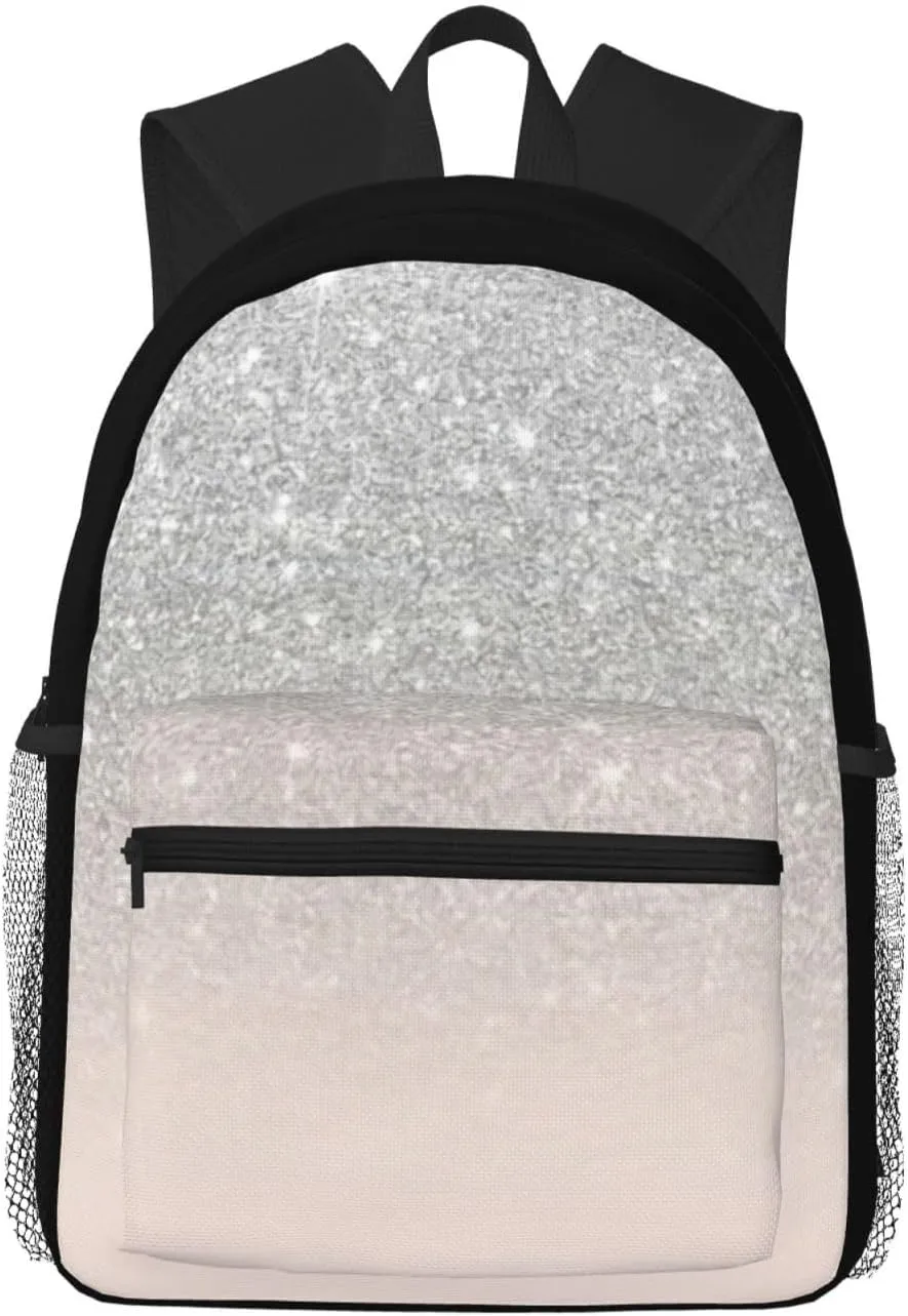 Silver Glitter Ombre Sparkles Casual Backpack  Lightweight Travel Daypack, Multi-Pocket Laptop Hiking Bag, Durable Polyester Pack For Outdoor Camping Cycling