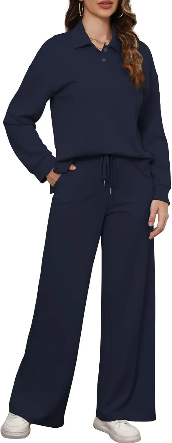 Simple Flavor Women's 2 Piece Outfits Sweatsuit Oversized Button Sweatshirt Wide Leg Sweatpants Matching Lounge Set Tracksuit