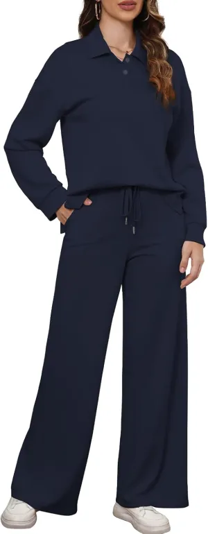 Simple Flavor Women's 2 Piece Outfits Sweatsuit Oversized Button Sweatshirt Wide Leg Sweatpants Matching Lounge Set Tracksuit