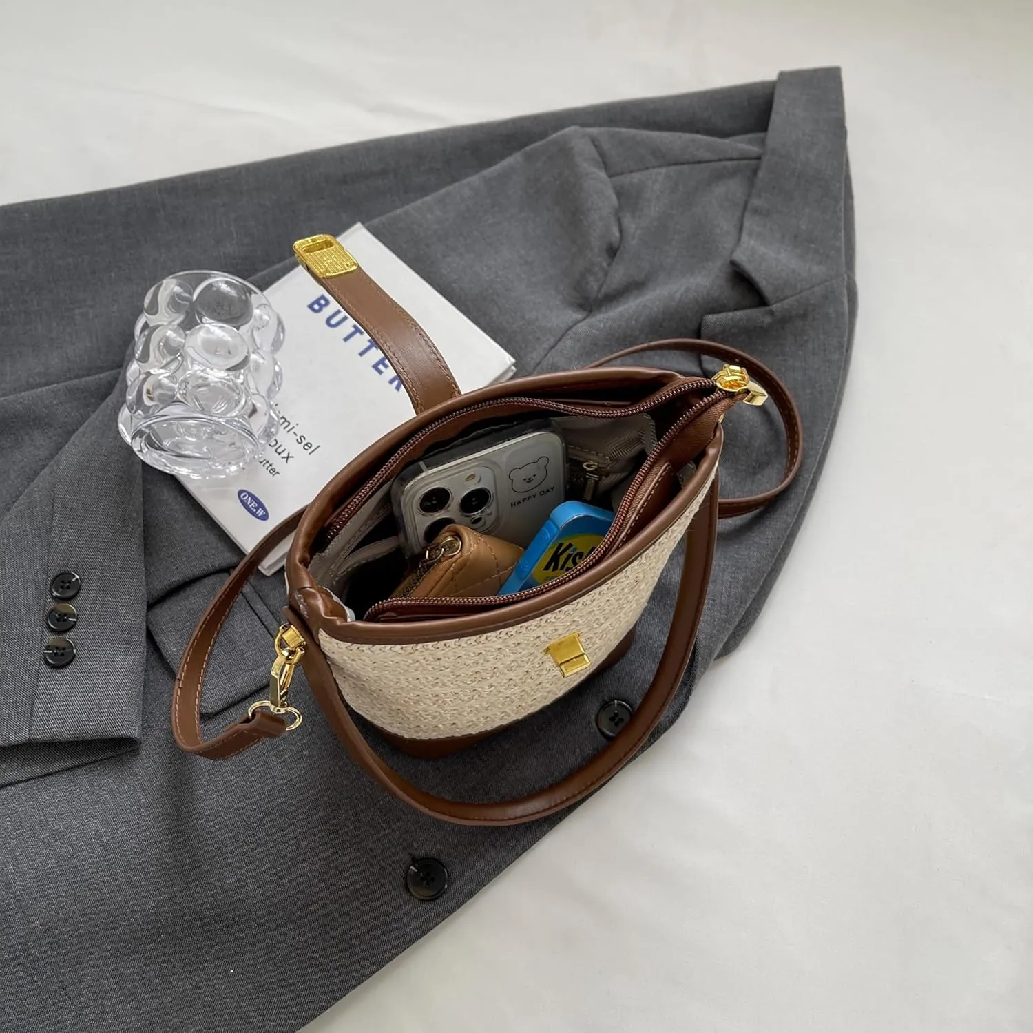 Small Bucket Bag for Women Straw Crossbody Bag Fashion Ladies Summer Simplicity Handbag Shoulder Purse