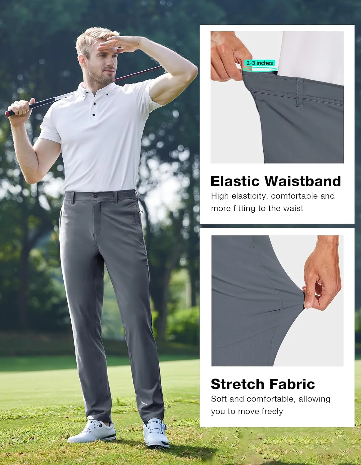 SPECIALMAGIC Golf Pants Men Stretch Slim fit Hiking Pants Lightweight Dress Casual Tapered Zipper Pockets