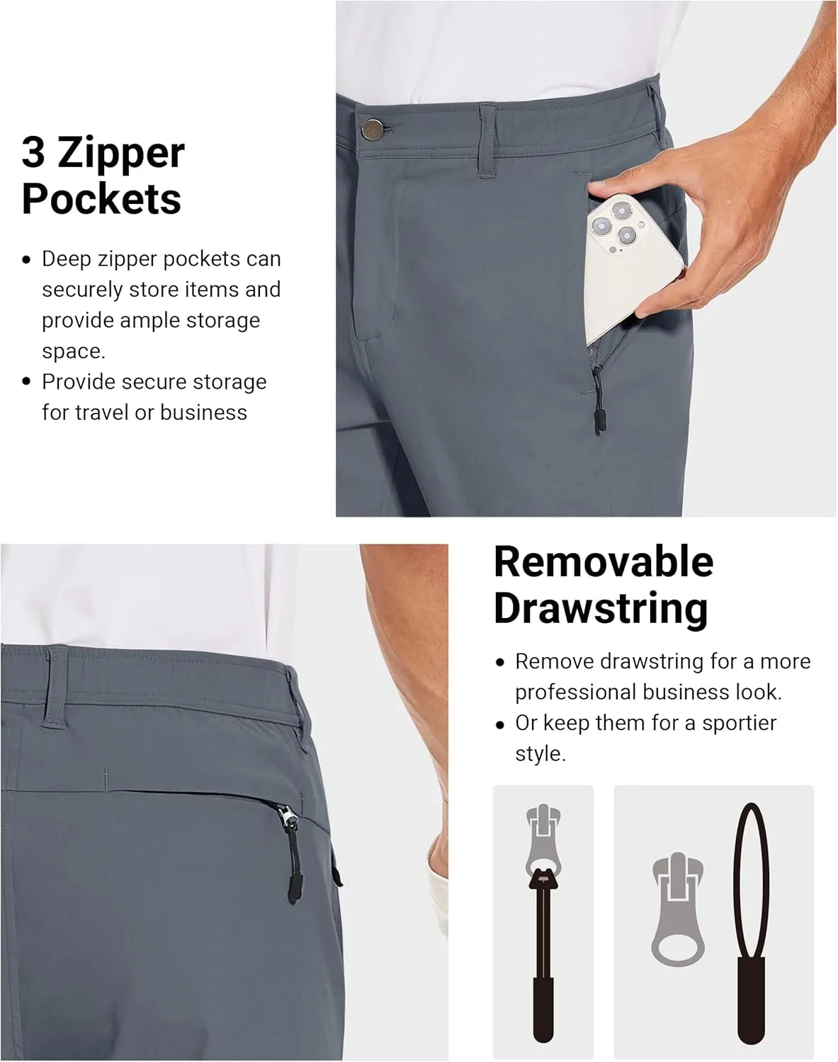 SPECIALMAGIC Golf Pants Men Stretch Slim fit Hiking Pants Lightweight Dress Casual Tapered Zipper Pockets