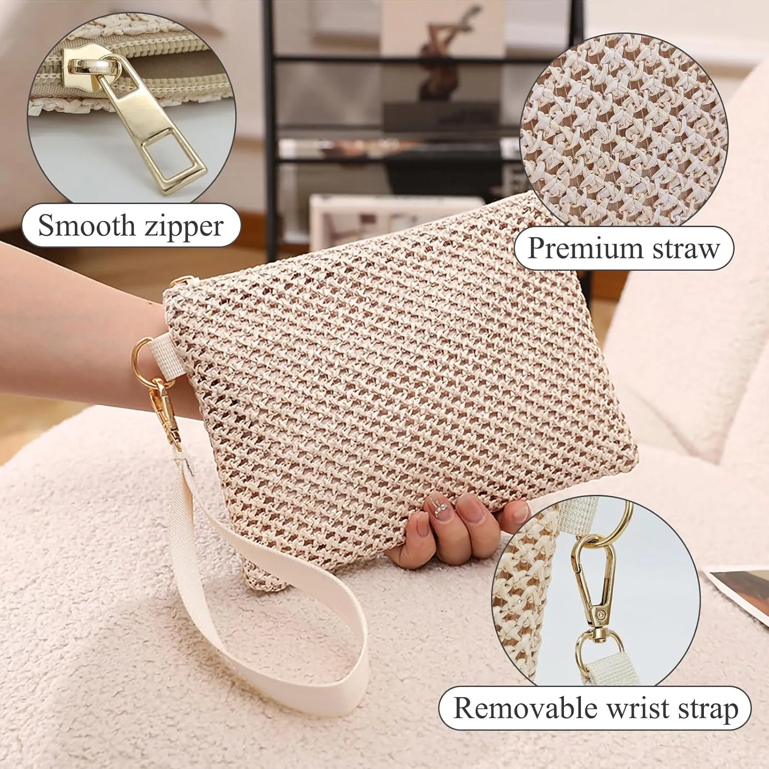 Straw Clutch Purses for Women, Bohemian Straw Handbag Small Summer Beach Bag Wristlet Wallet with Zip