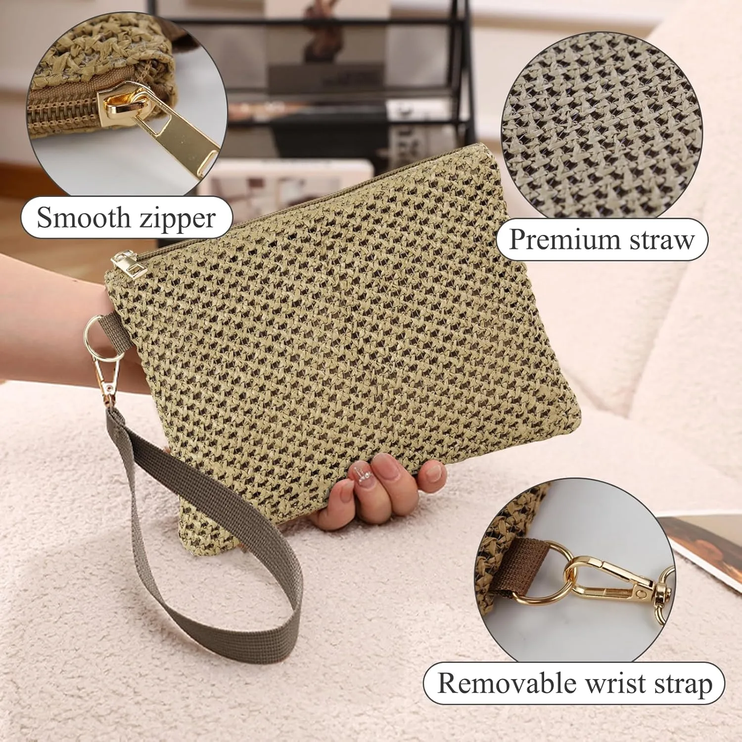 Straw Clutch Purses for Women, Bohemian Straw Handbag Small Summer Beach Bag Wristlet Wallet with Zip
