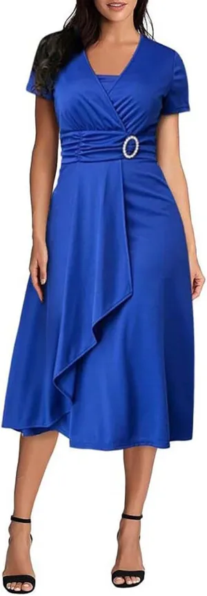 Summer Dresses 2023 Women Vintage Solid V Neck Short Sleeve Party Ruffled Long Irregular Hem Dress