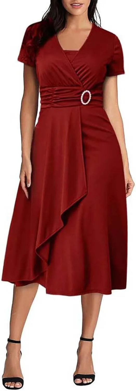 Summer Dresses 2023 Women Vintage Solid V Neck Short Sleeve Party Ruffled Long Irregular Hem Dress