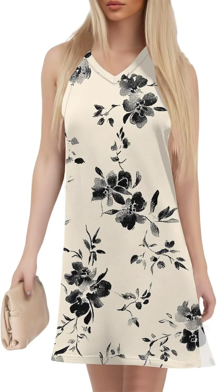 Summer Dresses for Women 2025 Sleeveless Beach T Shirt Dresses Casual Sundresses Loose Floral Tank Dress with Split