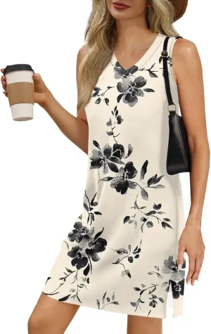 Summer Dresses for Women 2025 Sleeveless Beach T Shirt Dresses Casual Sundresses Loose Floral Tank Dress with Split