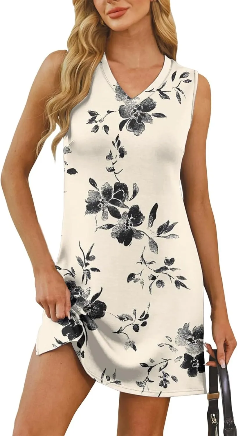 Summer Dresses for Women 2025 Sleeveless Beach T Shirt Dresses Casual Sundresses Loose Floral Tank Dress with Split