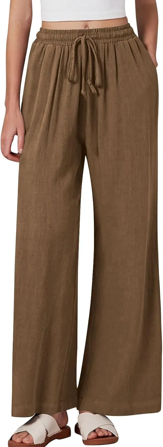 Summer Pants for Women 2025 Cotton Linen Wide Leg Pants Drawstring Elastic Waist Flowy Trousers with Pockets