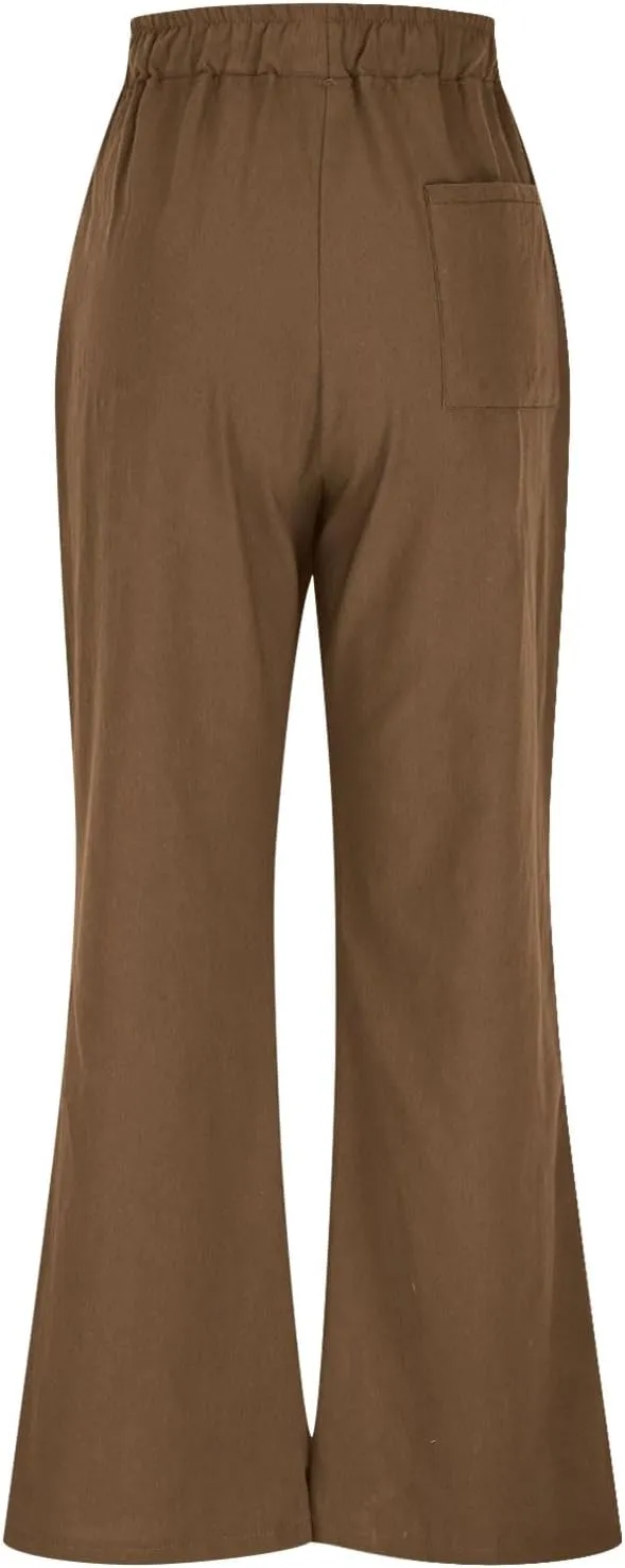 Summer Pants for Women 2025 Cotton Linen Wide Leg Pants Drawstring Elastic Waist Flowy Trousers with Pockets