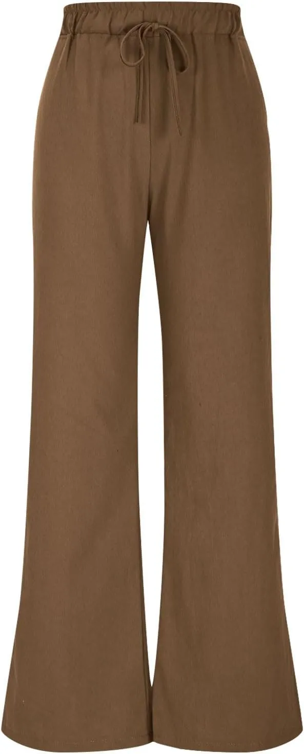 Summer Pants for Women 2025 Cotton Linen Wide Leg Pants Drawstring Elastic Waist Flowy Trousers with Pockets