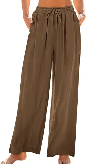 Summer Pants for Women 2025 Cotton Linen Wide Leg Pants Drawstring Elastic Waist Flowy Trousers with Pockets
