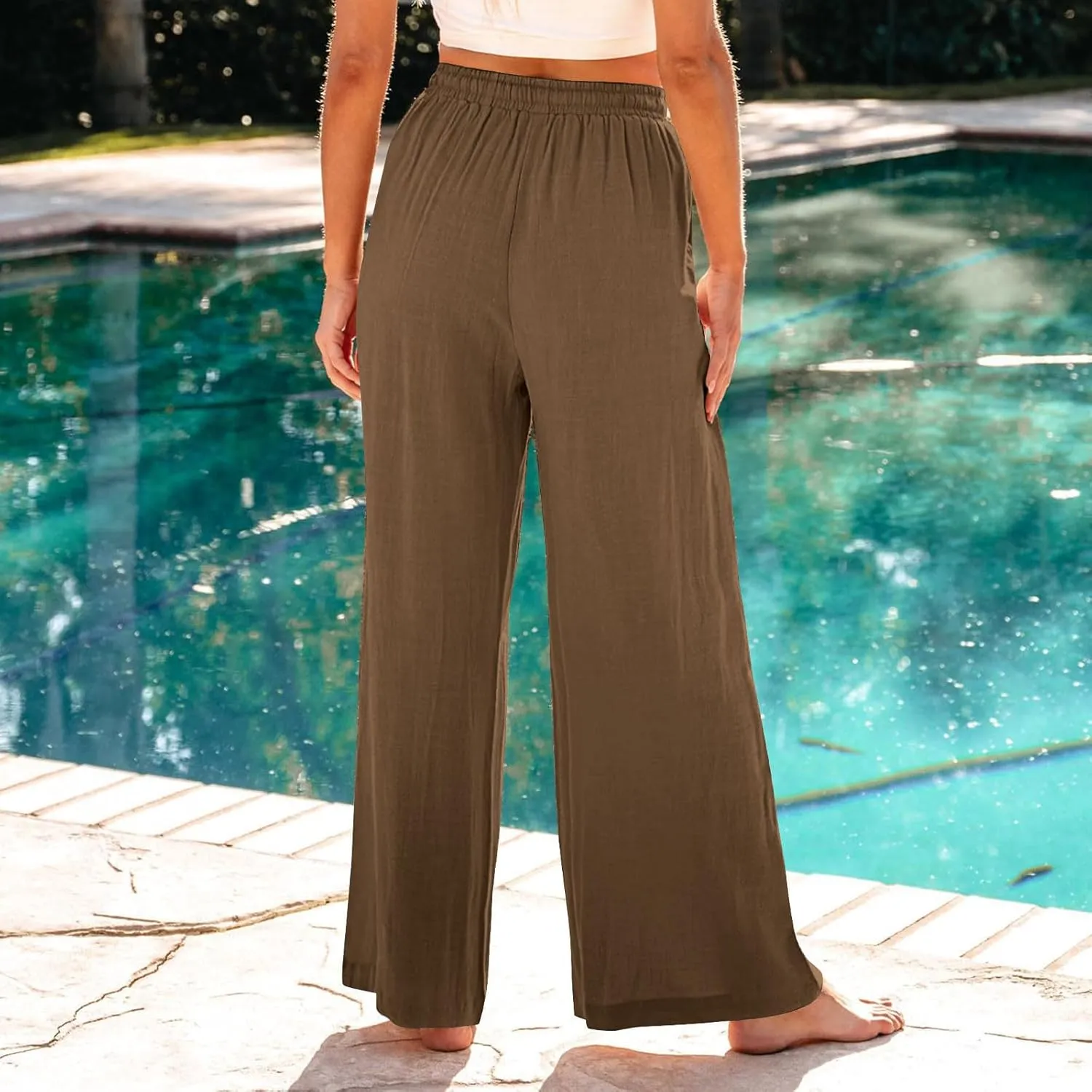 Summer Pants for Women 2025 Cotton Linen Wide Leg Pants Drawstring Elastic Waist Flowy Trousers with Pockets