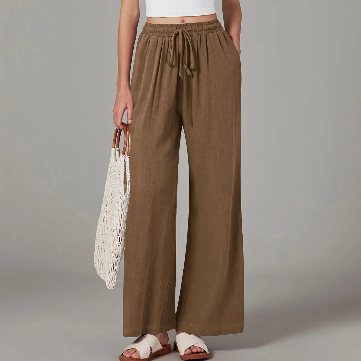 Summer Pants for Women 2025 Cotton Linen Wide Leg Pants Drawstring Elastic Waist Flowy Trousers with Pockets