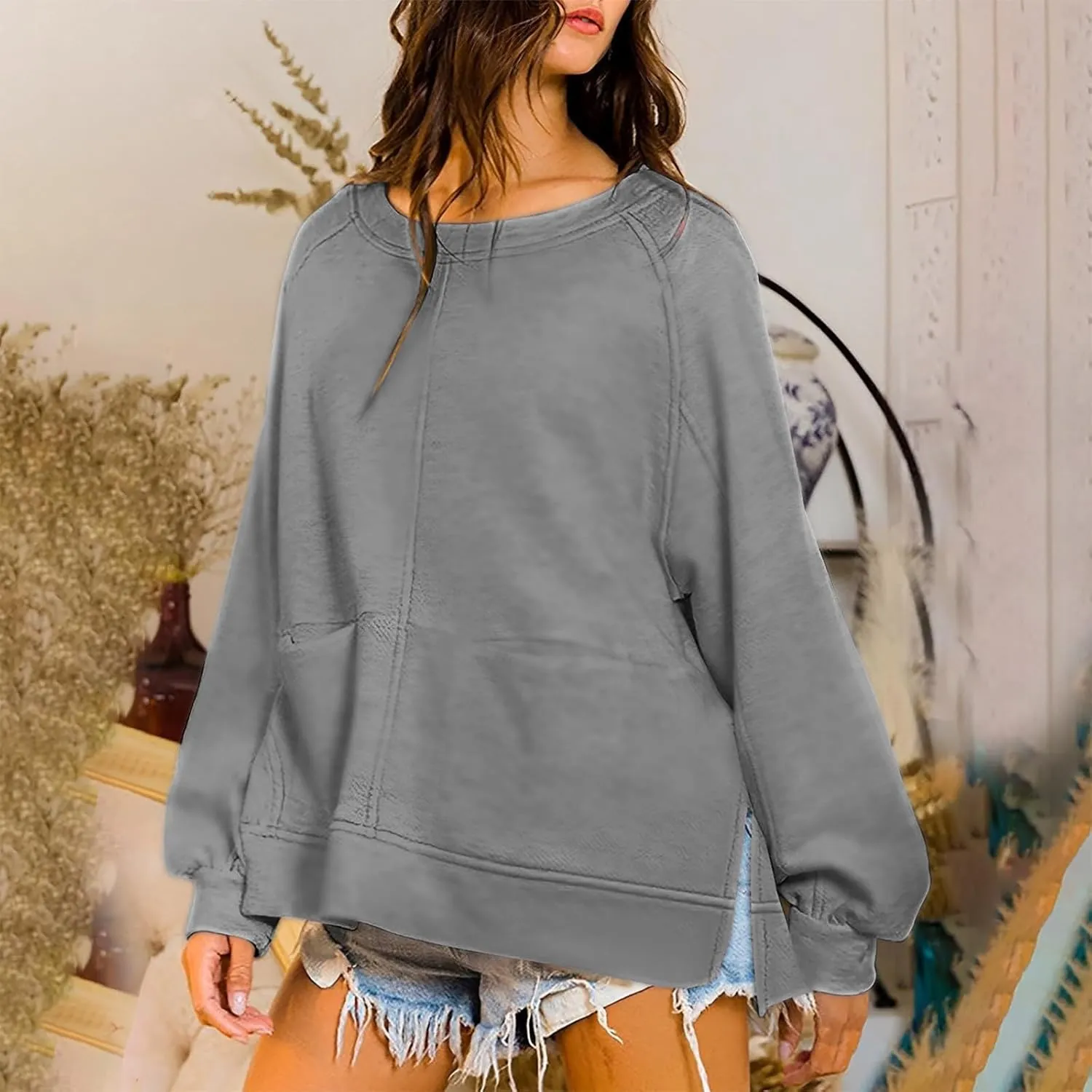 Sweatshirt for Women Oversized Long Sleeve Y2K Pullover Top Solid Crewneck Shirts 2024 Fall Outfits with Pockets