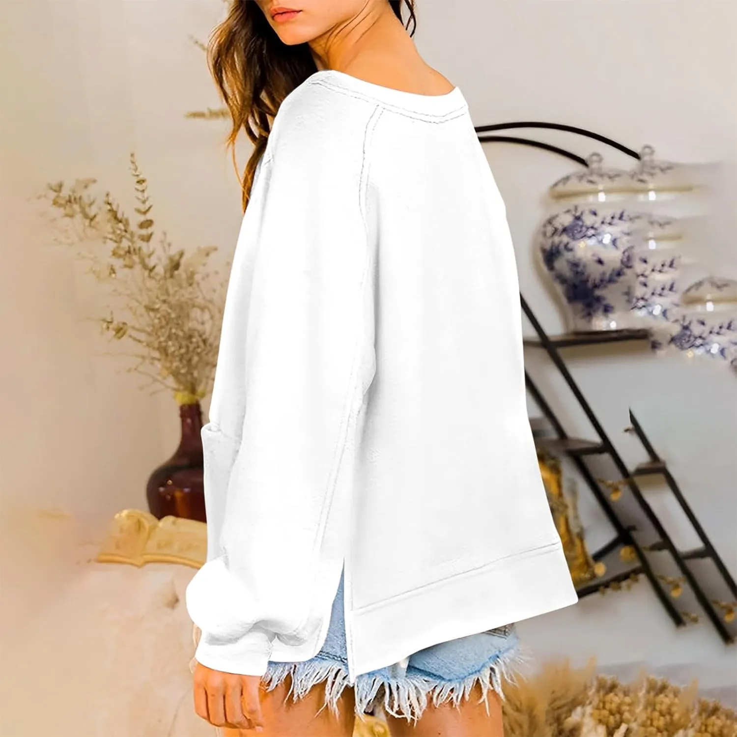 Sweatshirt for Women Oversized Long Sleeve Y2K Pullover Top Solid Crewneck Shirts 2024 Fall Outfits with Pockets