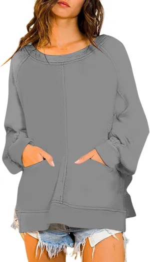 Sweatshirt for Women Oversized Long Sleeve Y2K Pullover Top Solid Crewneck Shirts 2024 Fall Outfits with Pockets