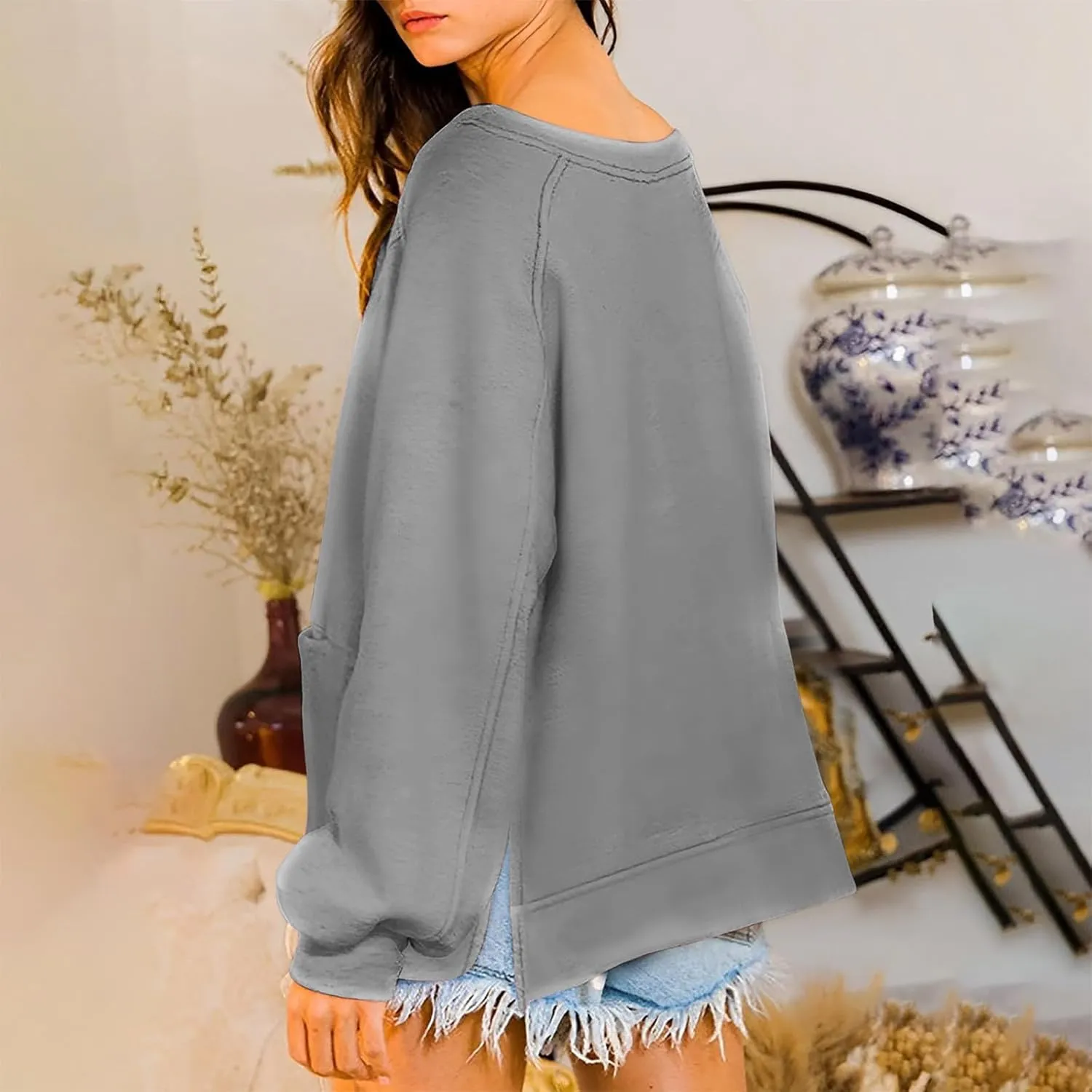 Sweatshirt for Women Oversized Long Sleeve Y2K Pullover Top Solid Crewneck Shirts 2024 Fall Outfits with Pockets