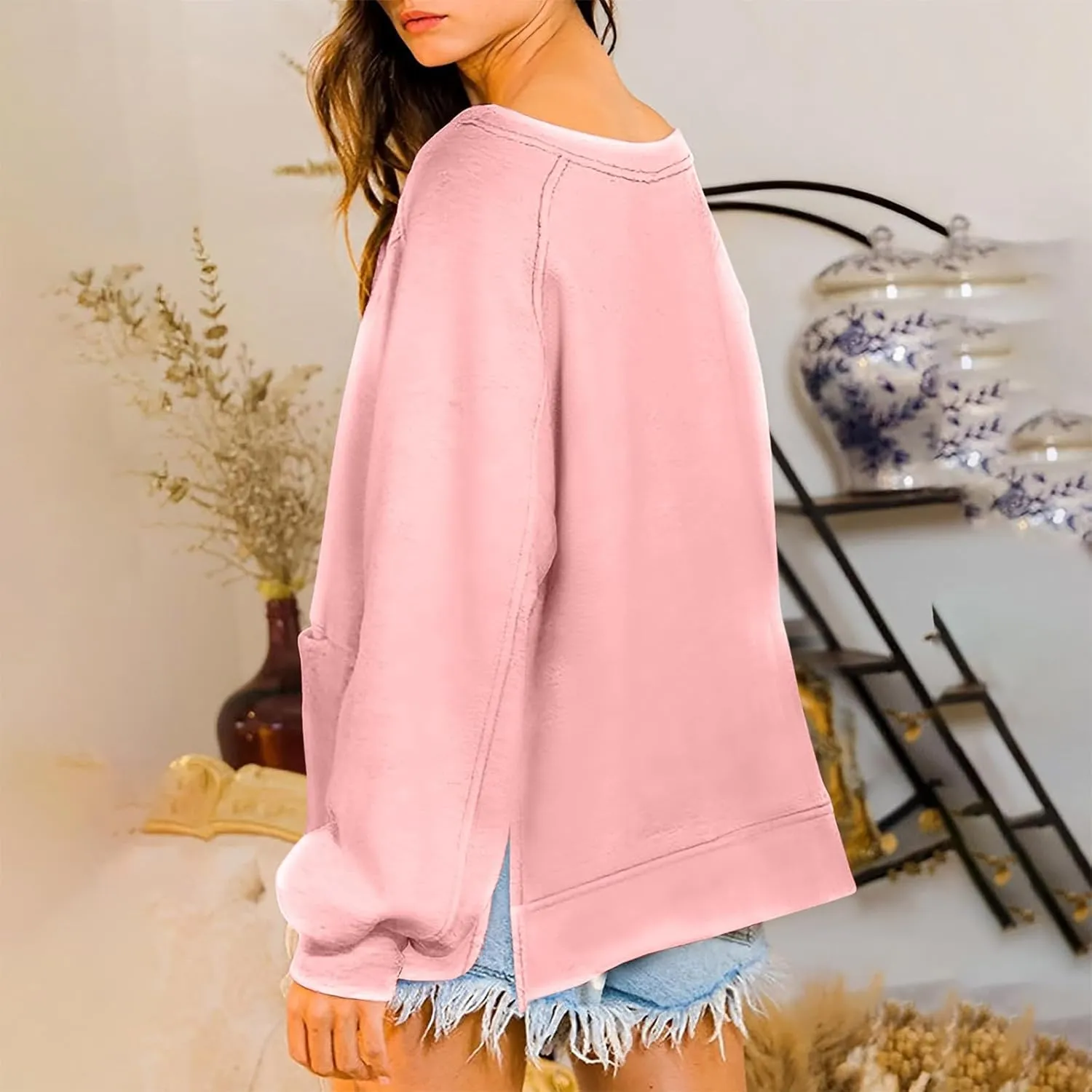 Sweatshirt for Women Oversized Long Sleeve Y2K Pullover Top Solid Crewneck Shirts 2024 Fall Outfits with Pockets