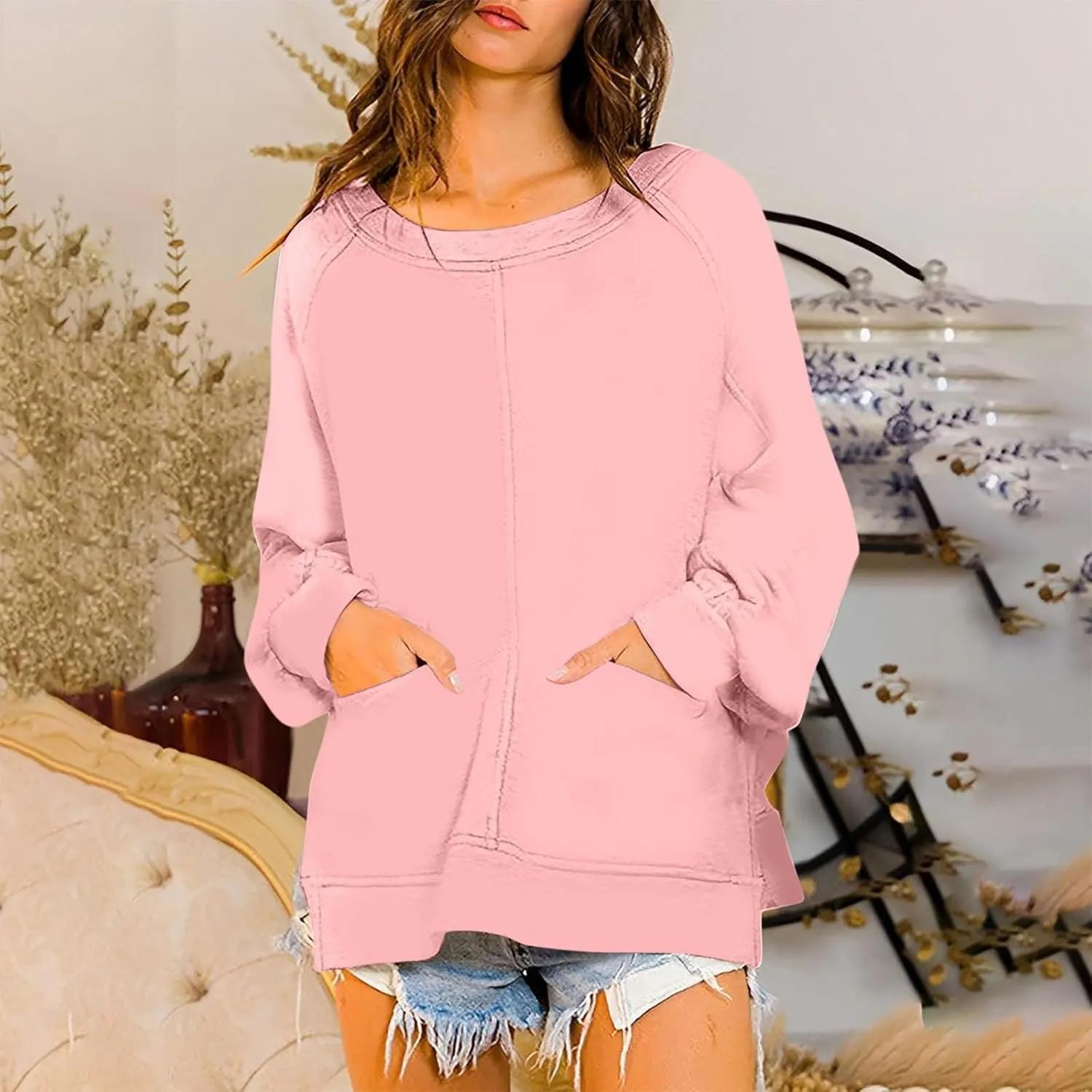 Sweatshirt for Women Oversized Long Sleeve Y2K Pullover Top Solid Crewneck Shirts 2024 Fall Outfits with Pockets