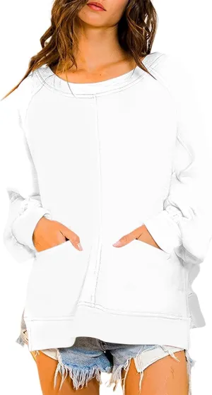 Sweatshirt for Women Oversized Long Sleeve Y2K Pullover Top Solid Crewneck Shirts 2024 Fall Outfits with Pockets