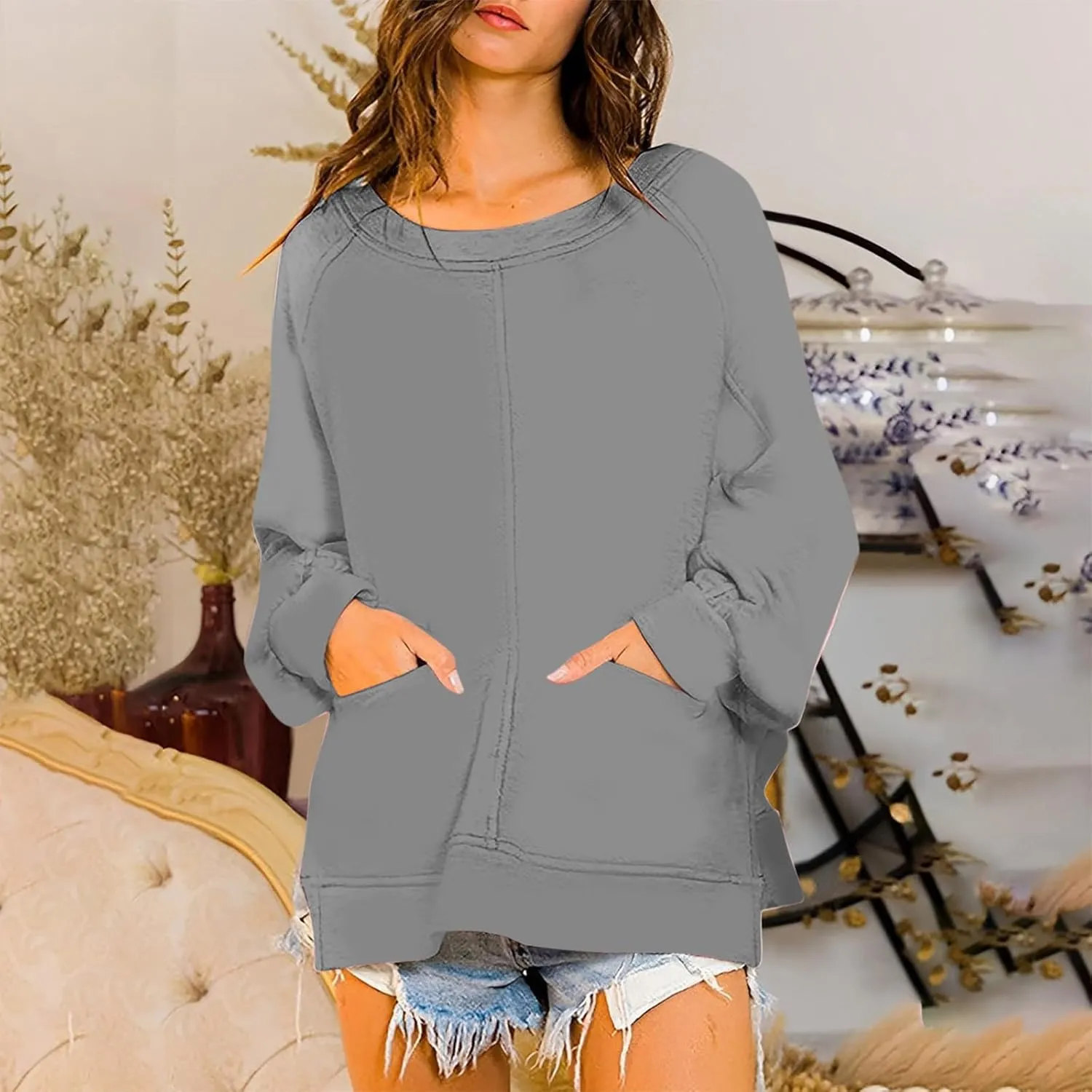 Sweatshirt for Women Oversized Long Sleeve Y2K Pullover Top Solid Crewneck Shirts 2024 Fall Outfits with Pockets