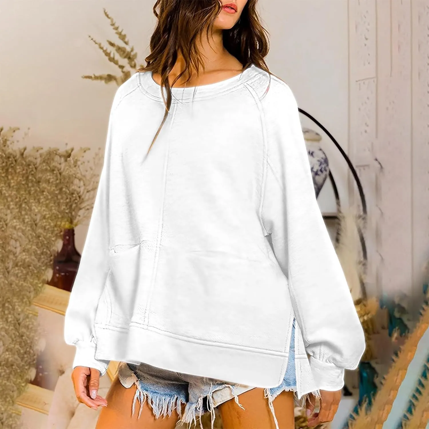 Sweatshirt for Women Oversized Long Sleeve Y2K Pullover Top Solid Crewneck Shirts 2024 Fall Outfits with Pockets