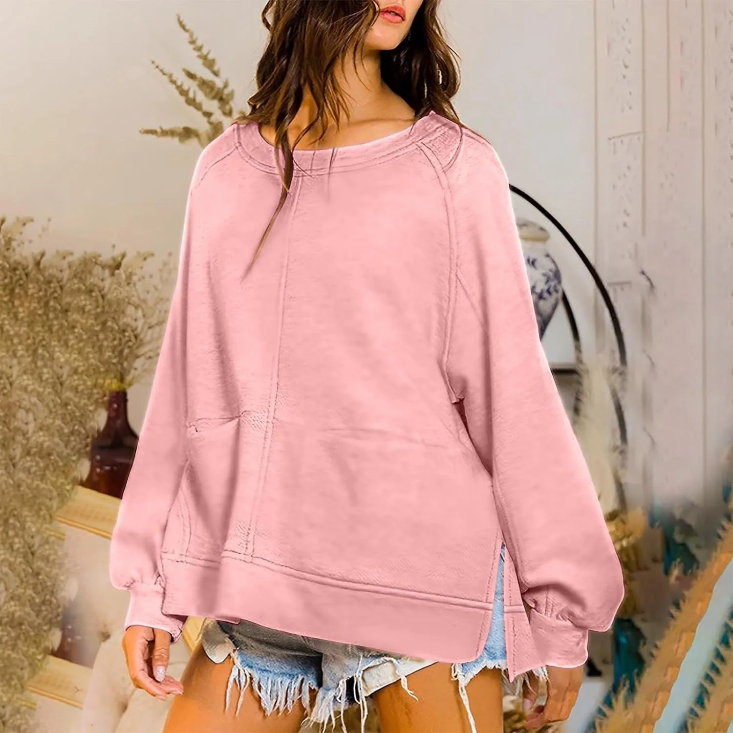 Sweatshirt for Women Oversized Long Sleeve Y2K Pullover Top Solid Crewneck Shirts 2024 Fall Outfits with Pockets