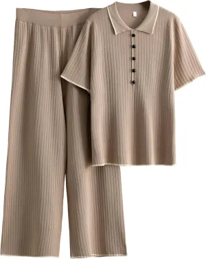 Tanming Two Piece Sets for Women Short Sleeve Polo Neck Tops Casual Lounge Set Wide Leg Pants Set Tracksuit