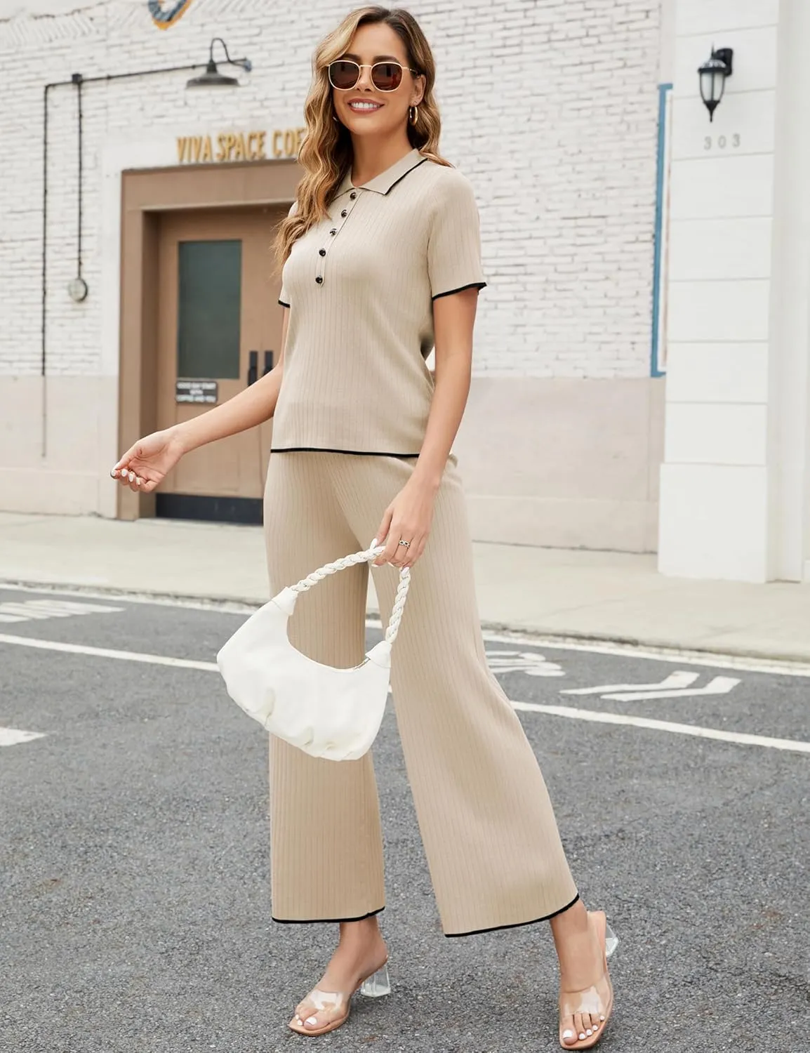 Tanming Two Piece Sets for Women Short Sleeve Polo Neck Tops Casual Lounge Set Wide Leg Pants Set Tracksuit