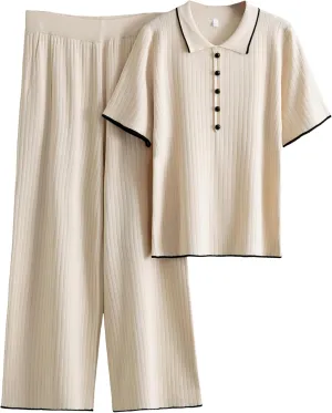 Tanming Two Piece Sets for Women Short Sleeve Polo Neck Tops Casual Lounge Set Wide Leg Pants Set Tracksuit
