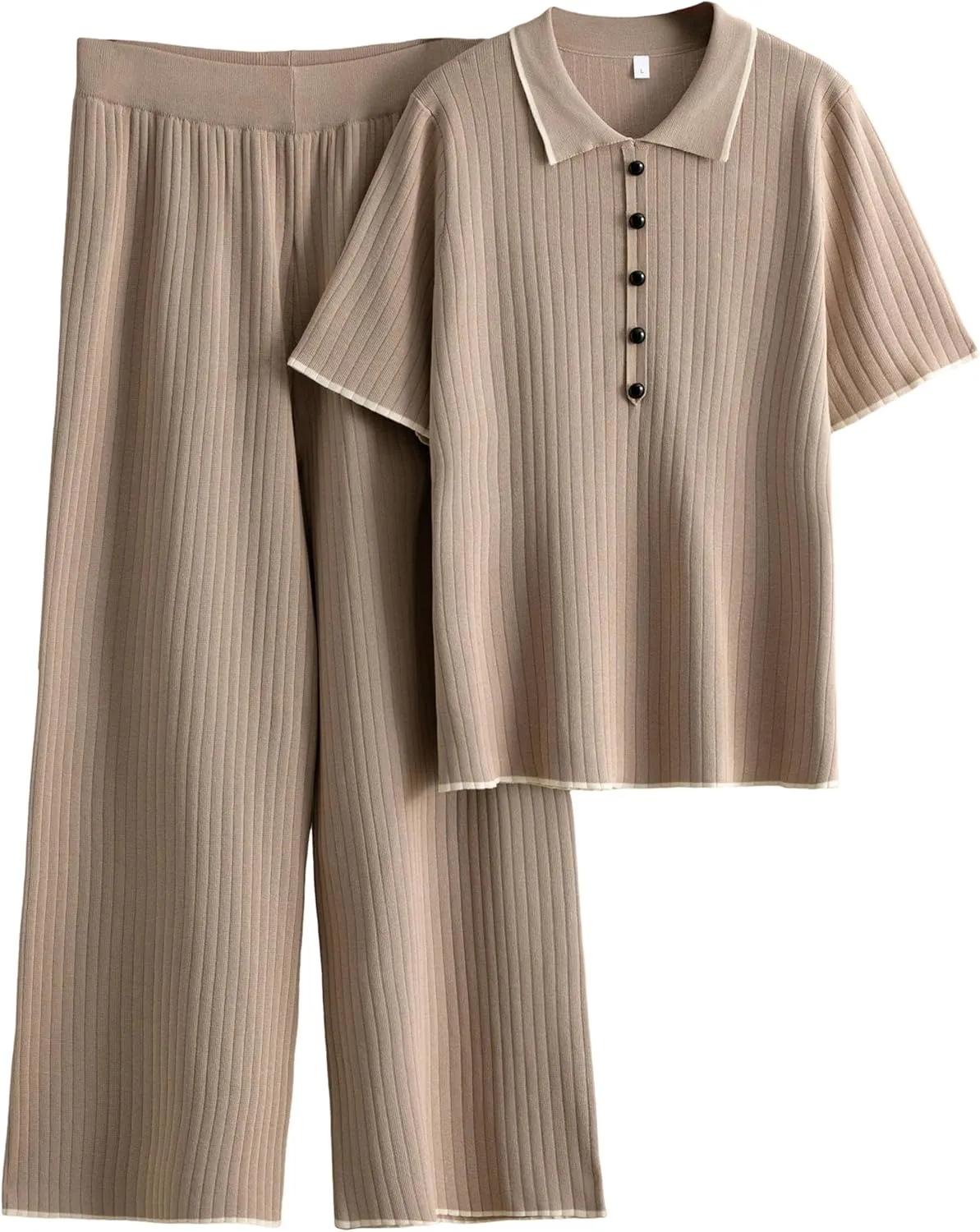 Tanming Two Piece Sets for Women Short Sleeve Polo Neck Tops Casual Lounge Set Wide Leg Pants Set Tracksuit