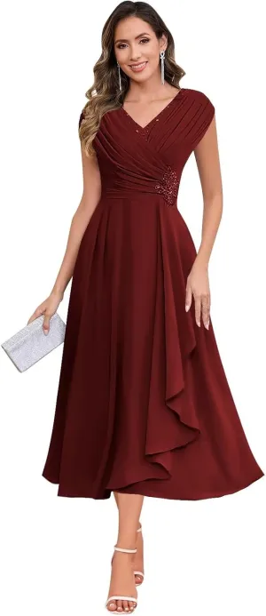 Tea Length Mother of The Bride Dresses for Women A Line V Neck Pleated Chiffon Formal Party Dress