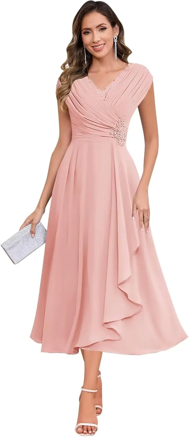 Tea Length Mother of The Bride Dresses for Women A Line V Neck Pleated Chiffon Formal Party Dress