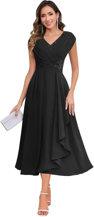 Tea Length Mother of The Bride Dresses for Women A Line V Neck Pleated Chiffon Formal Party Dress