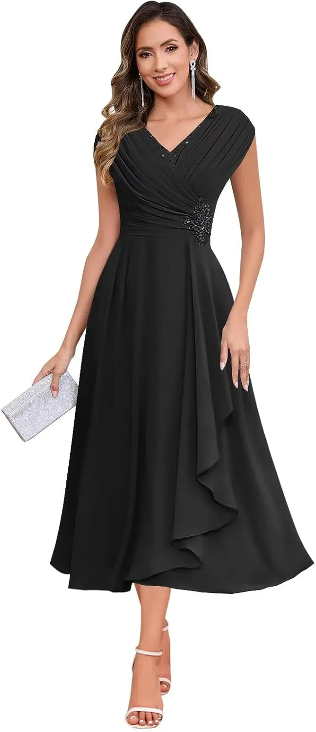 Tea Length Mother of The Bride Dresses for Women A Line V Neck Pleated Chiffon Formal Party Dress